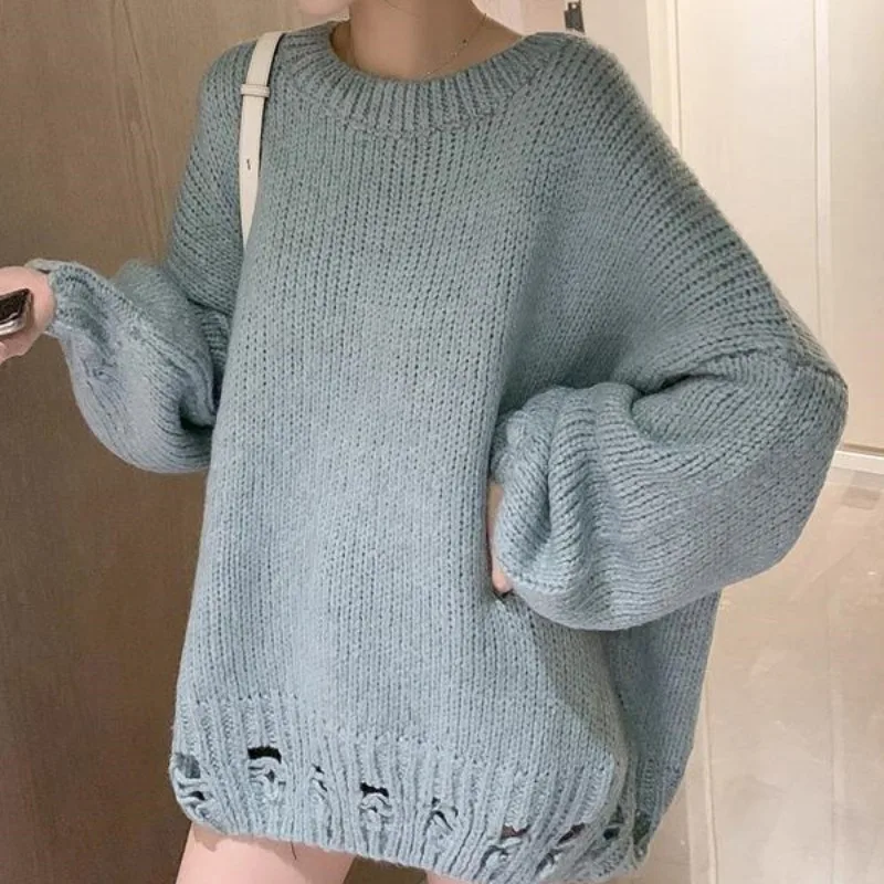 

2023 Autumn New Broken Hole Knitwear Women's Loose and Lazy Sweater Trendy Age Reducing Top
