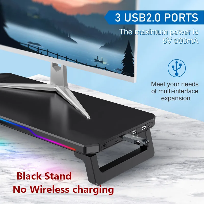 RGB Işık Monitör Standı ile Kablosuz Şarj Bilgisayar Standı Ofis Yerleştirme İstasyonu Çok Fonksiyonlu Katlanabilir Masaüstü Organizatör