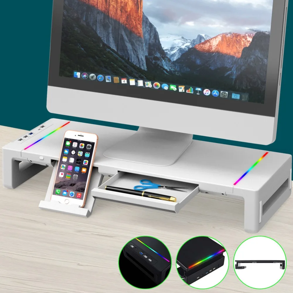 Suporte do Monitor de Computador Rgb Multi-function Dobrável Porta Usb 3.0 Teclado Mouse Prateleira de Armazenamento Gaveta Suporte do Monitor