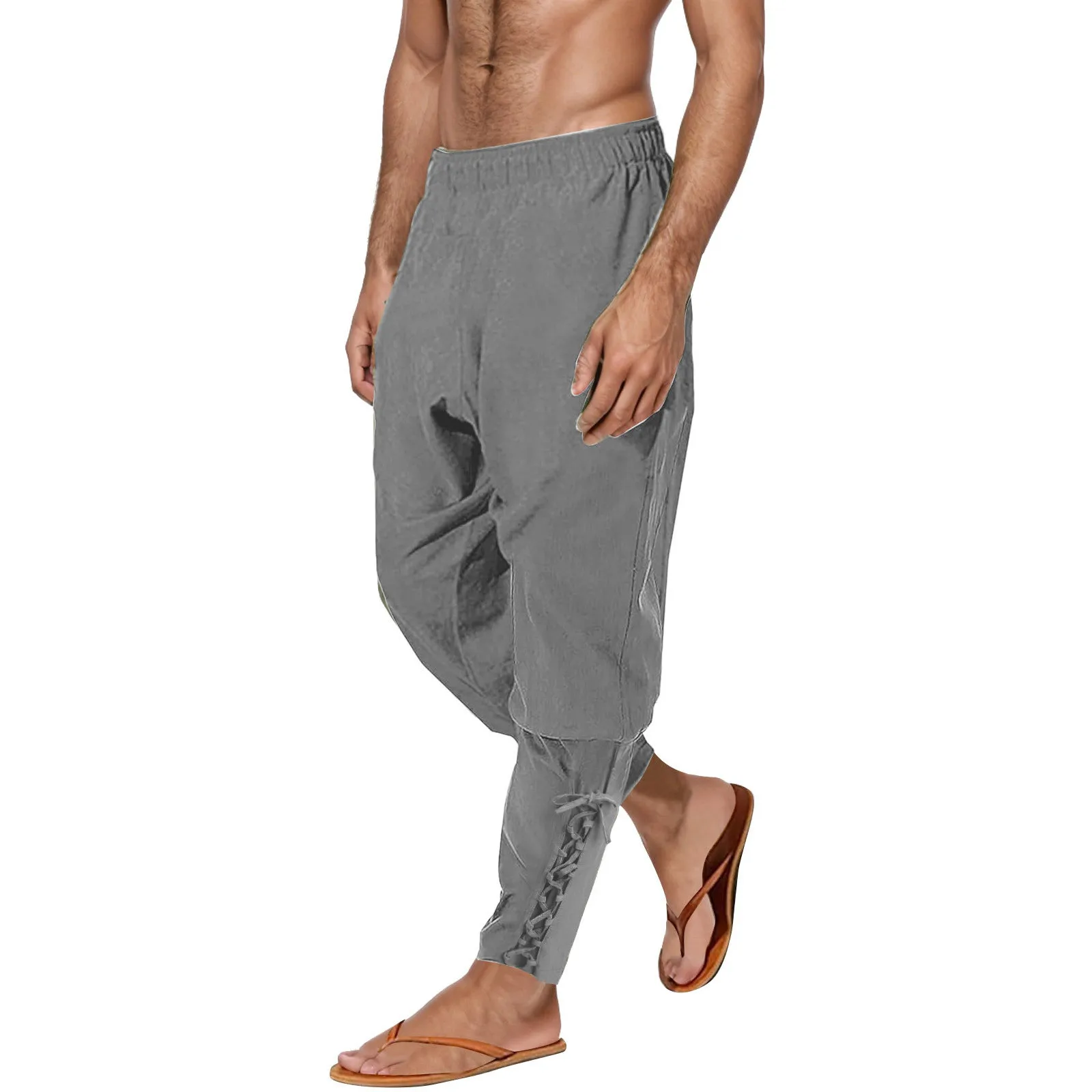 

Men's Fashion Vintage Medieval Renaissance Hem Lace Up Trousers Four Seasons Casual Solid Color Elastic Waist Long Pants
