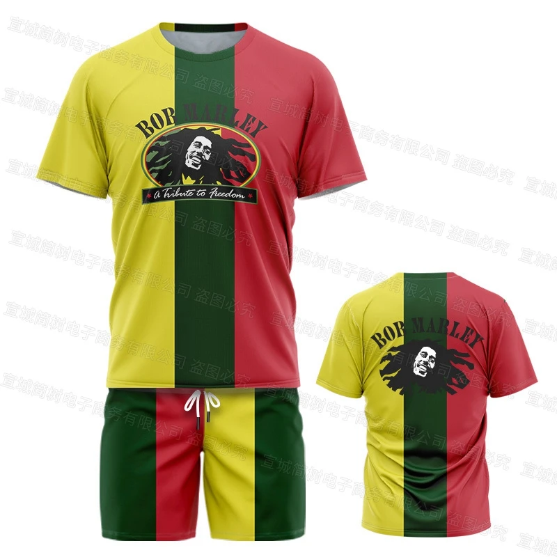 Bob Marley T-shirt Set Fashion Beach Short Sleeve Shorts 2-Piece Set Oversized Running Sports Swim Pants Mesh Breathable