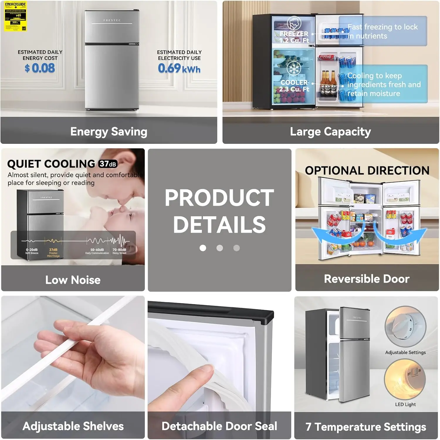 Mini Fridge with Freezer 3.5 Cu.Ft. 2 Door Refrigerator and Freezer Small Fridge for Bedroom Home Office Dorm 3