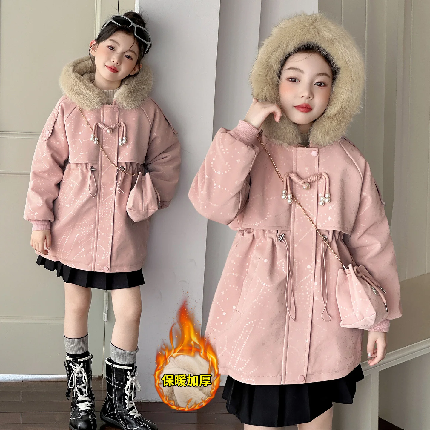14세 소녀 겨울 반짝이 따뜻한 인조 모피 재킷 레트로 아우터웨어 PU 코트 두꺼운 벨벳 안감 주니어 키즈 오버코트+가방 파카