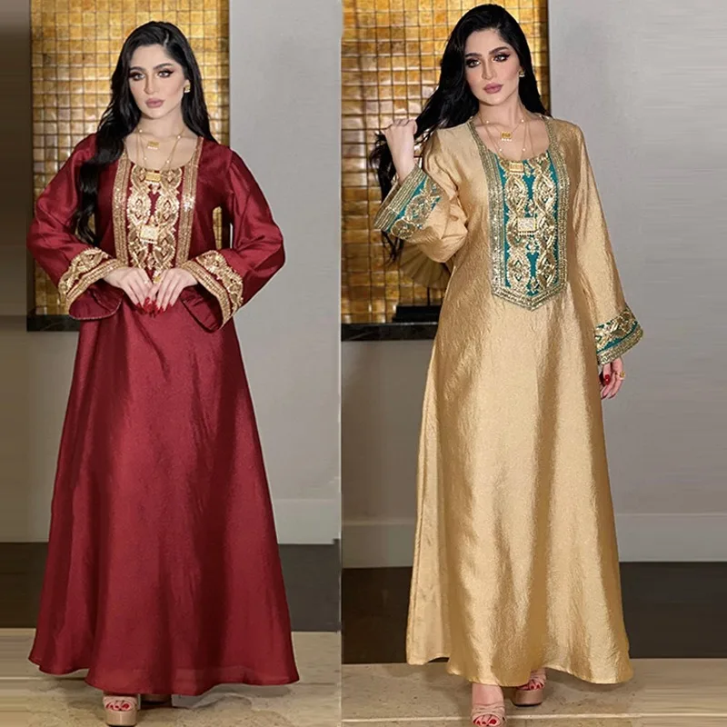 

New Abaya Gold Silk Embroidered Sequins Middle East Muslim Robe Dress muslim dress women kaftan abaya dress