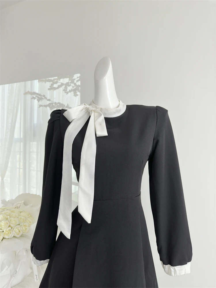 Elegant Evening Dresses for Women Patchwork O-neck Long Sleeves A-line Party Dress Korean Fashion French Retro Vestidos Mujer