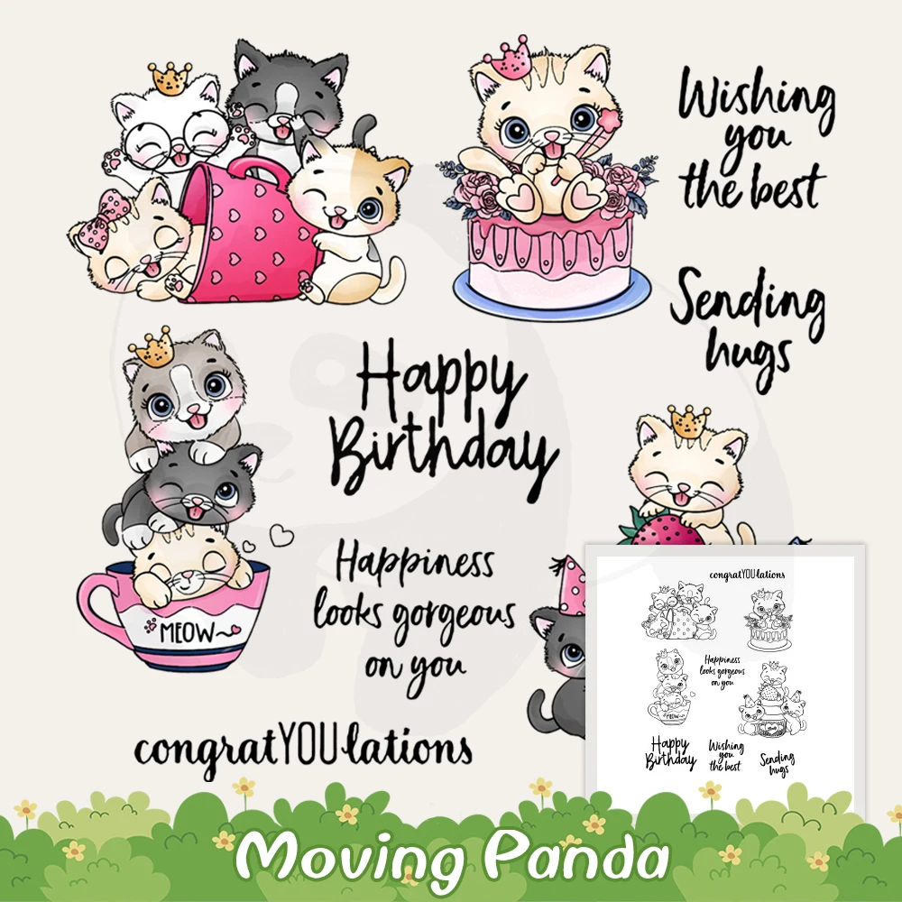 

Happy Birthday Metal Cutting Dies Clear Stamp Cute Cats Kitty & Birthday Cake Scrapbooking Cards Decor DIY Dies Silicone Stamps