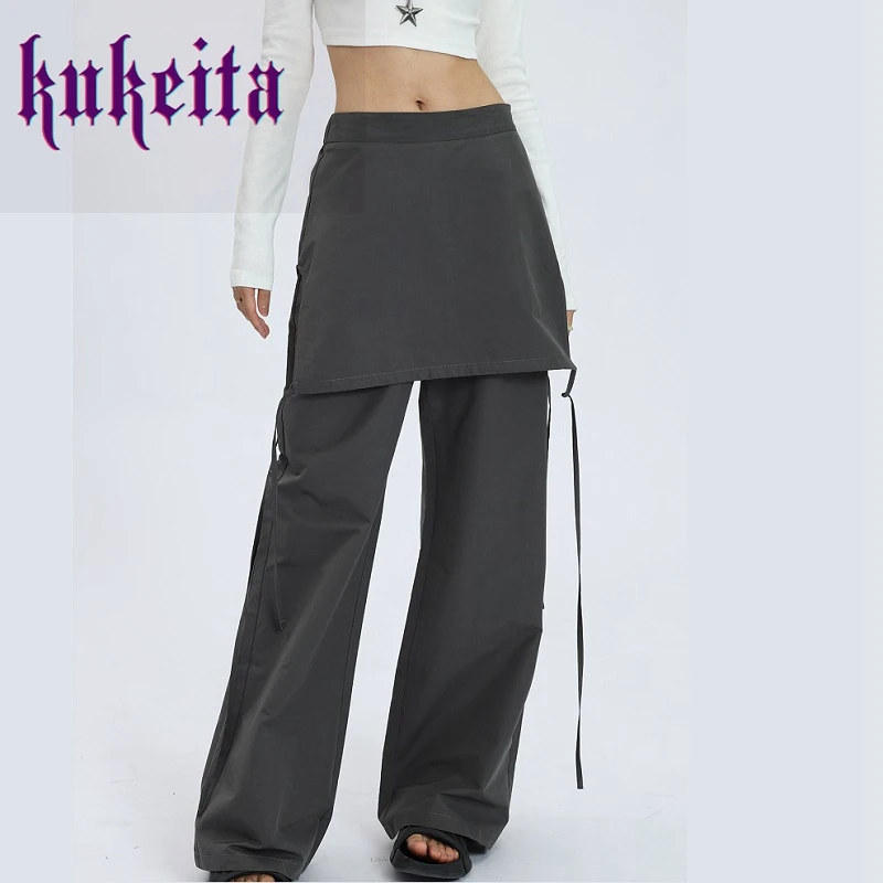 Retro Fake Two Piece Casual Wide-leg Pants Women 2023 Spring New High Street Fashion Drawstring Lace-up Solid Color Trousers