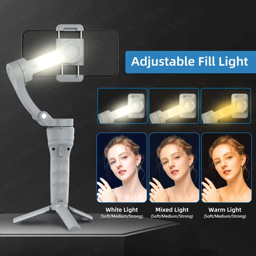 AXNEN HQ6 Gimbal Stabilisateur 3 Axes avec Lampe LED pour Smartphone