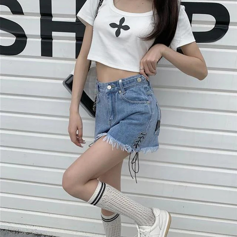 2023 Summer New Oversized Casual Denim Shorts Ladies High Waist Lacing Loose Versatile Pants Trend Fashion Women Clothing