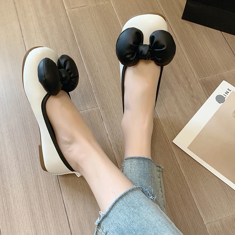 

2022 New Summer Women's Flat Shoes Bow Decoration Solid Color Shallow Mouth Round Toe Square Heel Casual Women's Shoes Adult