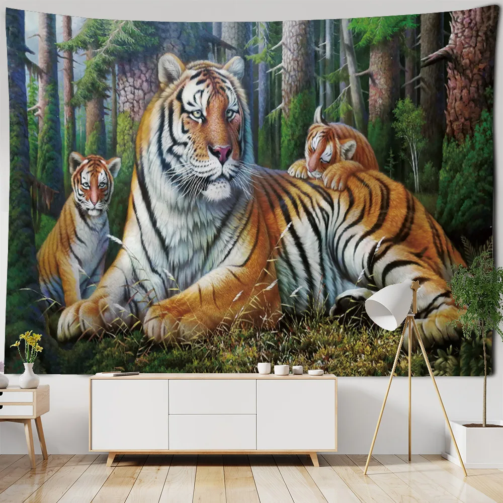 

Animal tapestry, jungle tiger wall hanging cloth, retro oil painting wall cloth, psychedelic hippie home wall decoration