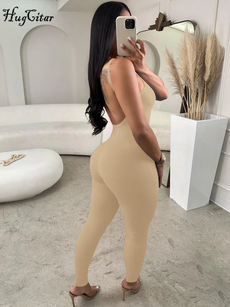 Hugcitar 2024 Fashion Ribbed Solid Slips Backless Sexy Skinny One Piece Jumpsuit Women Y2K Romper Vacation Sport Overalls Best Sellers In Women's Clothing