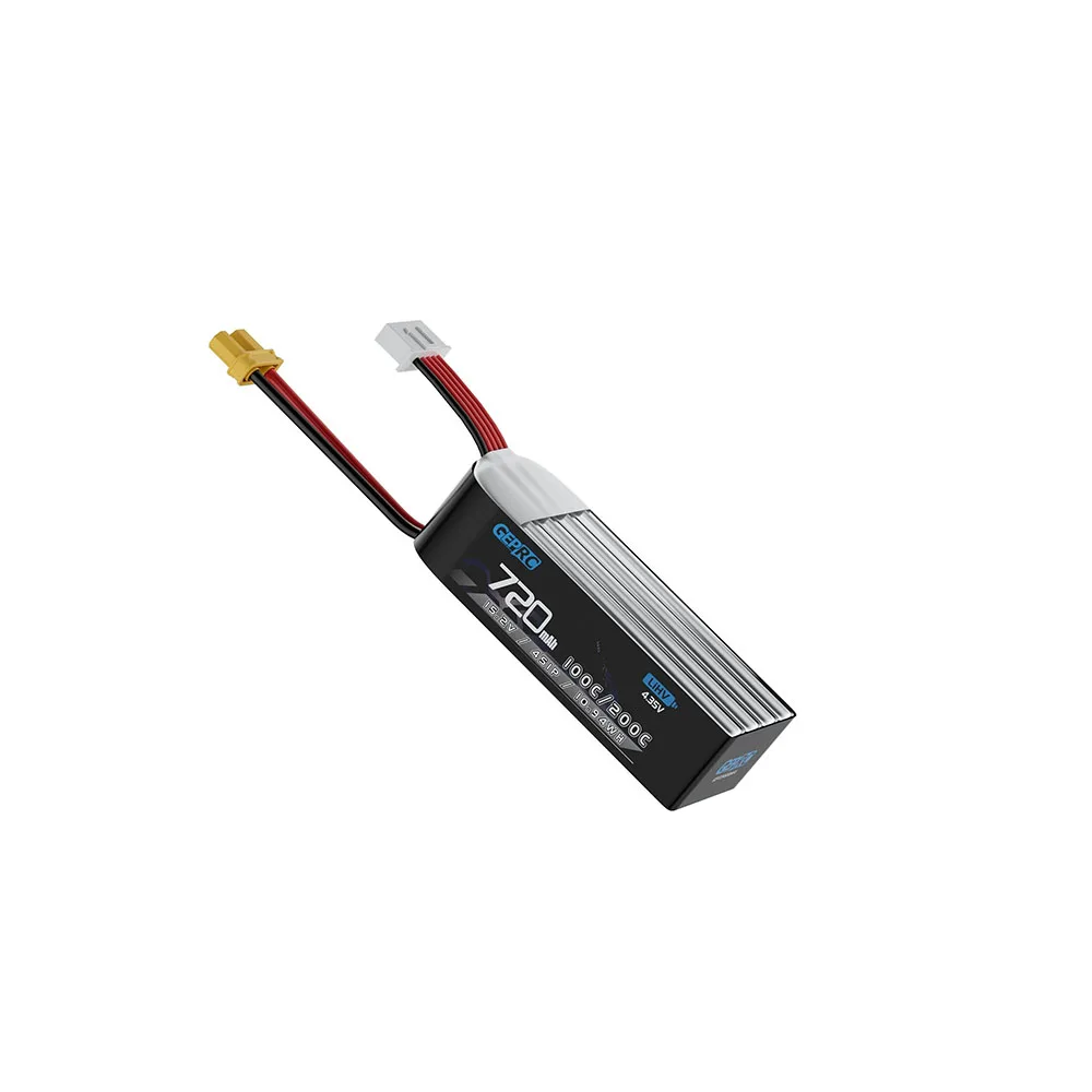 Batterie drone GEPRC 4S 720mAh 100C posée sur fond sombre, vue de dessus