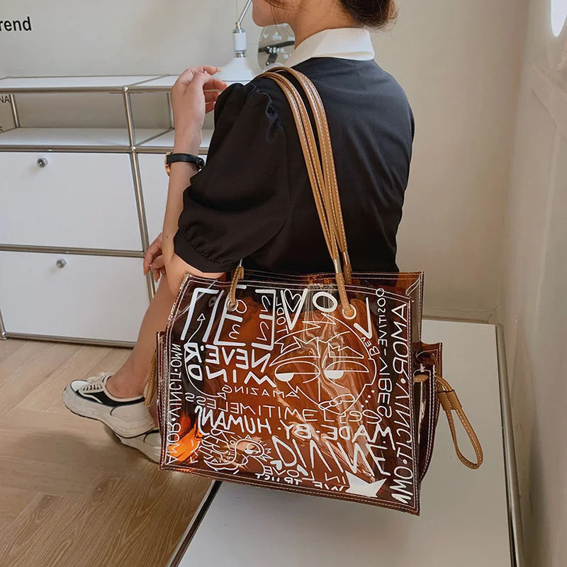 Ladies Transparent Tote Bag Graffiti Large Capacity Shoulder Bag PVC Jelly Clear  Bag Fashion Beach Hand Bag for Women