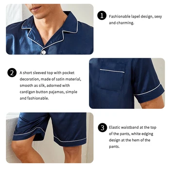 Men Satin Short Sleeve Pajama Set Summer Sleepwear for Man Button-Down Shirt & Elastic Waist Shorts Pajamas Home Clothes 2 Piece 5