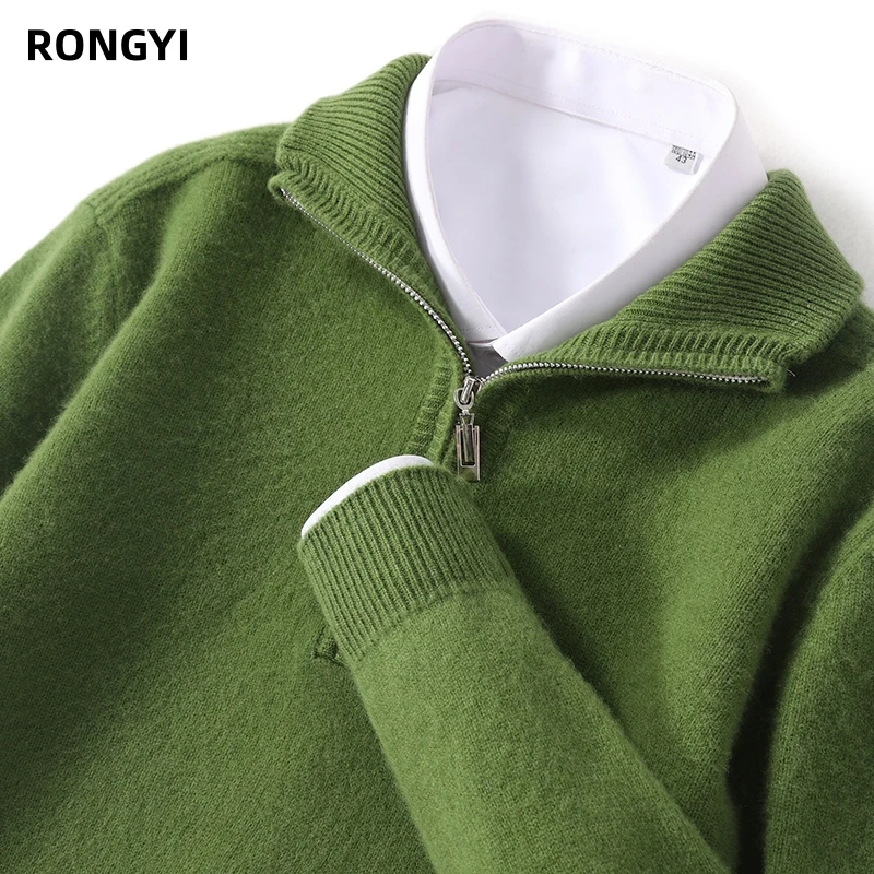 RONGYI  Autumn And Winter 100% Merino Wool Men's Pullover Sweater Turndown Collar Zipper Solid Color Knitted Padded Coat Jacket 3