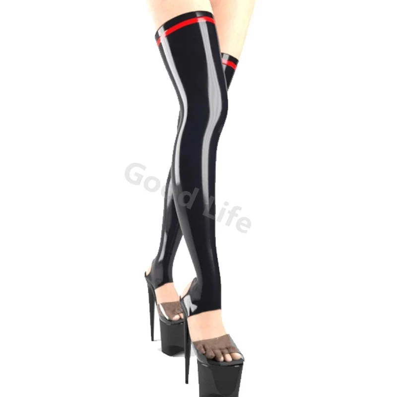 

Latex Rubber Gummi Stocking Red with Black Trims Thigh-highs Socks Over Knee Customized 0.4mm Sexy Catsuit for Women