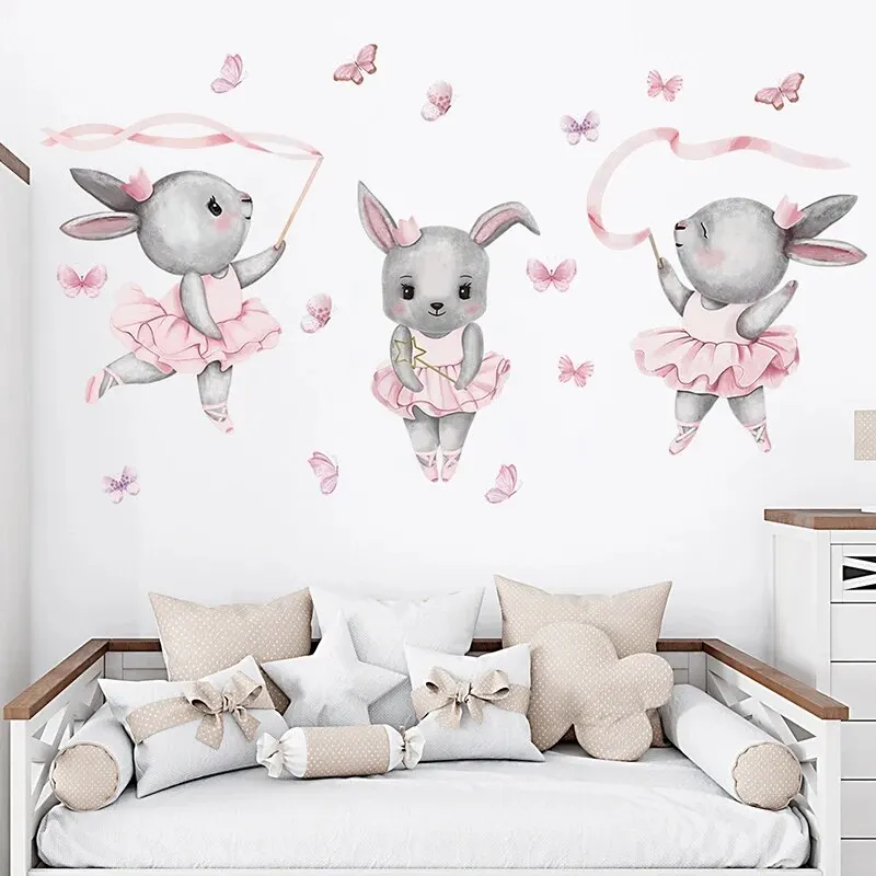 Luminous Wall Stickers Wall Stickers Vinyl Decal Stickers Cartoon Three Rabbits Dancing Ballet Butterfly Wall Stickers for Kids Room Bedroom Nursery Home Decoration Wall Decal