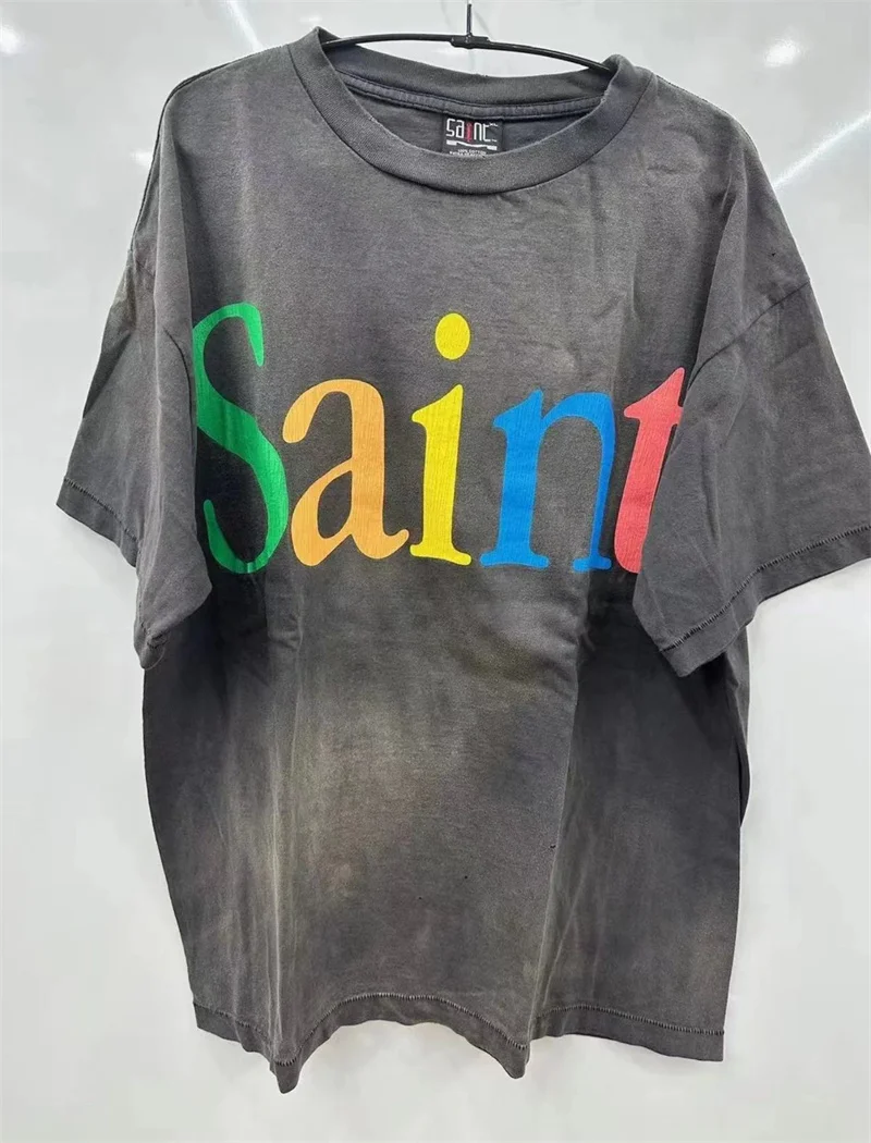 

Футболка Мужская/женская с надписью «Saint Michael», винтажная тенниска с короткими рукавами и принтом граффити, лето 1:1