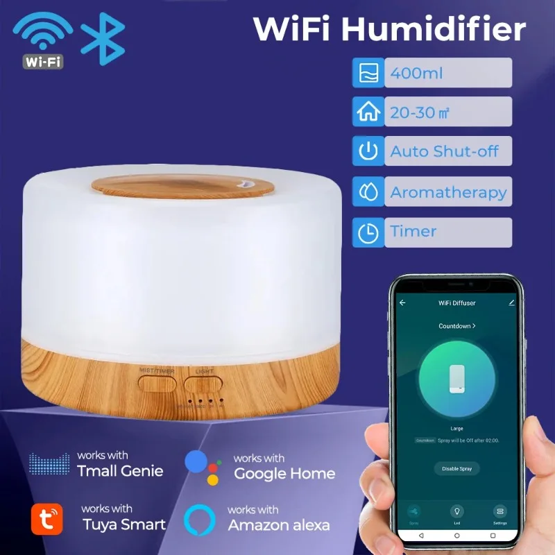 

Tuya WiFi Smart 500ml Humidifier Essential Aroma Home Oil Diffuser Ultrasonic Wood Grain Air Humidifier Mist Maker LED Light