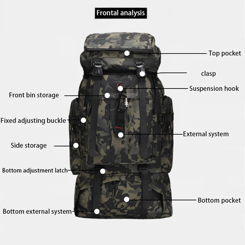 Large Capacity Outdoor Backpack Oxford Cloth Waterproof Camouflage Backpack 80L Travel Outdoor Camping Military