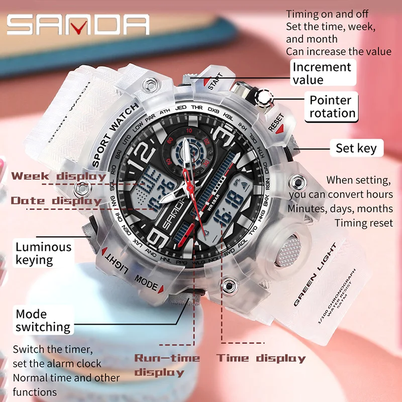 SANDA G-Style Ladies Watches Waterproof Outdoor Casual Clock Sports Military Women Watch Quartz Digital Dual-display Wristwatch 5