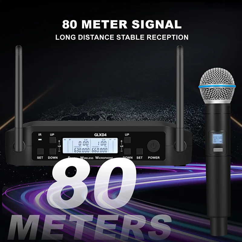 GLXD4-b58 무선 마이크 2채널 UHF 고품질 전문 무선 마이크 세트, 무대 및 파티에 적합