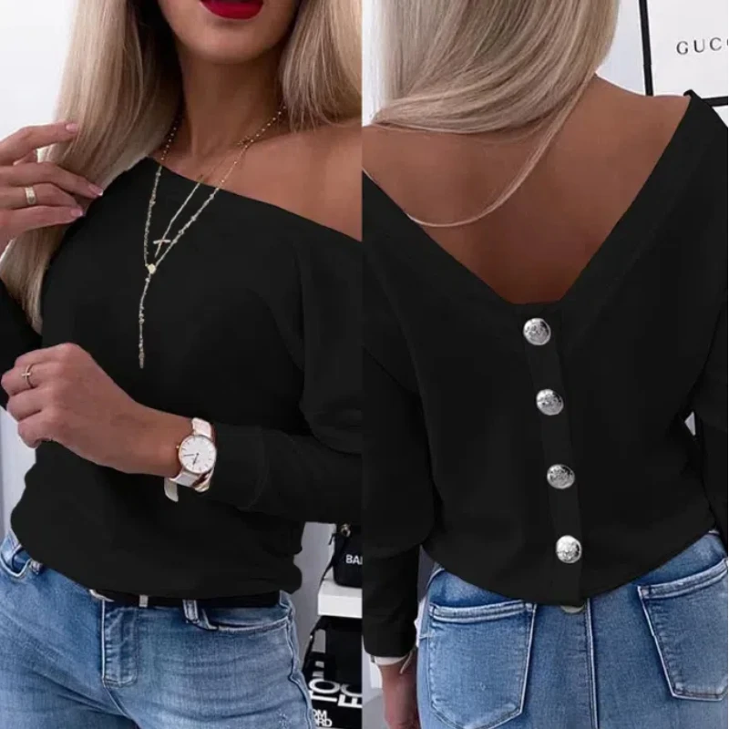 New Fashion Women's Autumn Long Sleeved Back Button Solid Color V-neck Base Shirt Top 207