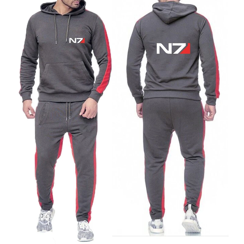 New Men N7 Mass Effect Logo Tracksuit Hoodies Casual Solid Color Thick Pullover Long Pant 2-piece Set Autumn Jogger Sports Suit 2