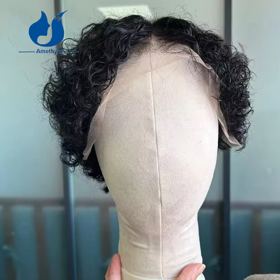 Amethyst Dark Brown Men's Short Curly Full Lace Wig Brazilian Remy Hair Pixie Cut Natural Pre Plucked Bob Color #2 for Male