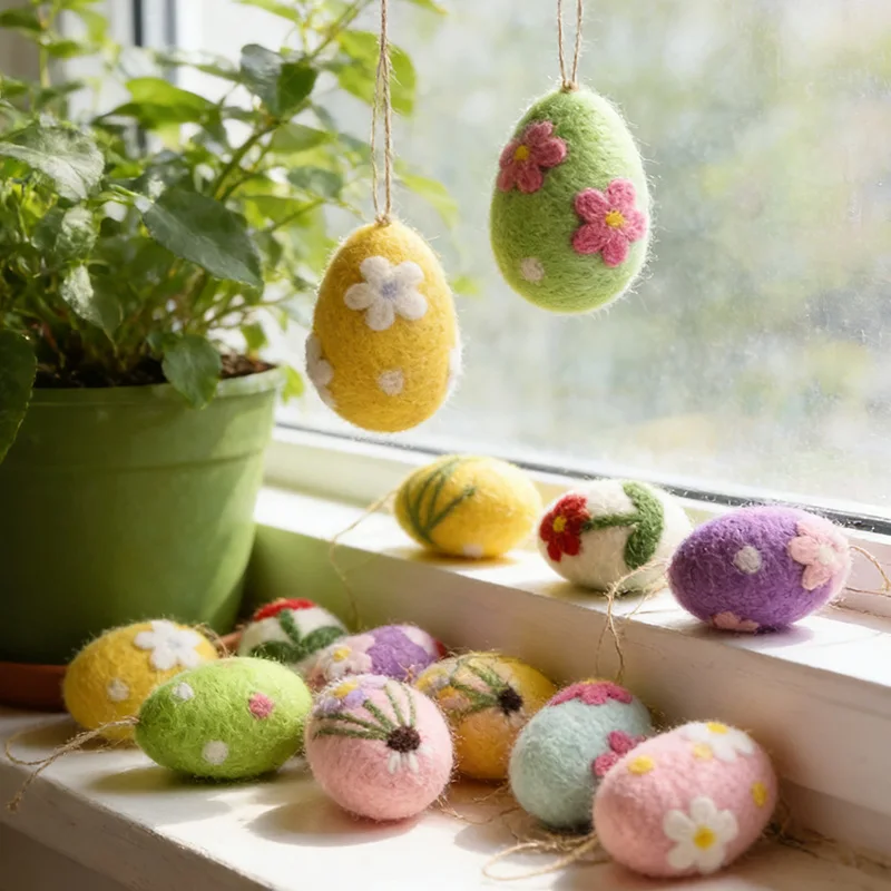 8/4Pcs Felt Foam Easter Eggs Kit Happy Easter Home Decoration Kids Gift Painted Flower Dot Eggs Tree Pendant With Rope DIY Craft