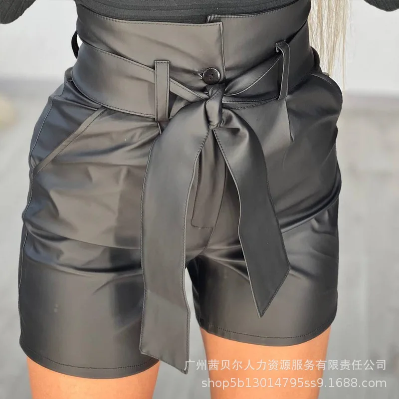 Description Picture 4 of itemWomen Shorts PU Leather High Waist Shorts With Belt Women Black Pockets Sashes Pants Shorts Sexy Street Spring And Summer Button