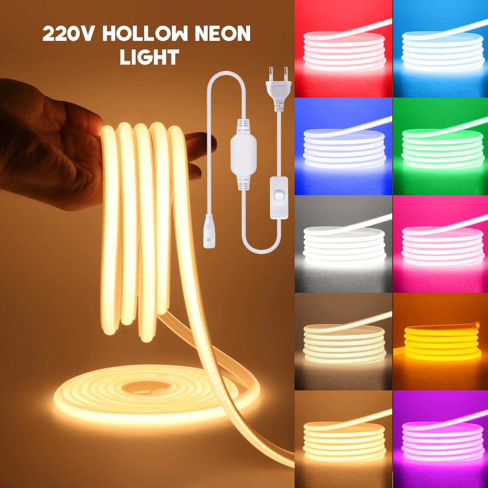 

LED Strips COB 220V 288Leds/m Waterproof LED Ribbon White Red Blue Green Pink Purple Yellow COB LED Strip Light With Switch Plug