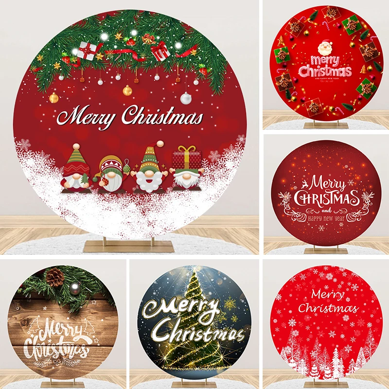 

Christmas Round Backdrop for Photography Pure Winter Snow Wooden Board Tree Xmas Party Santa Claus Circle Photo Background Cover