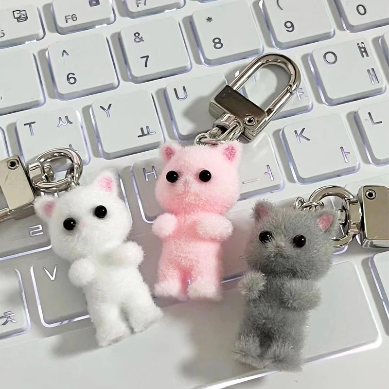 

3d Cartoon Flocking Cat Keychain Kawaii Fuzzy Cat Key Ring Animal Key Chains Souvenir Gift Car Keys DIY Jewelry For Women Girls