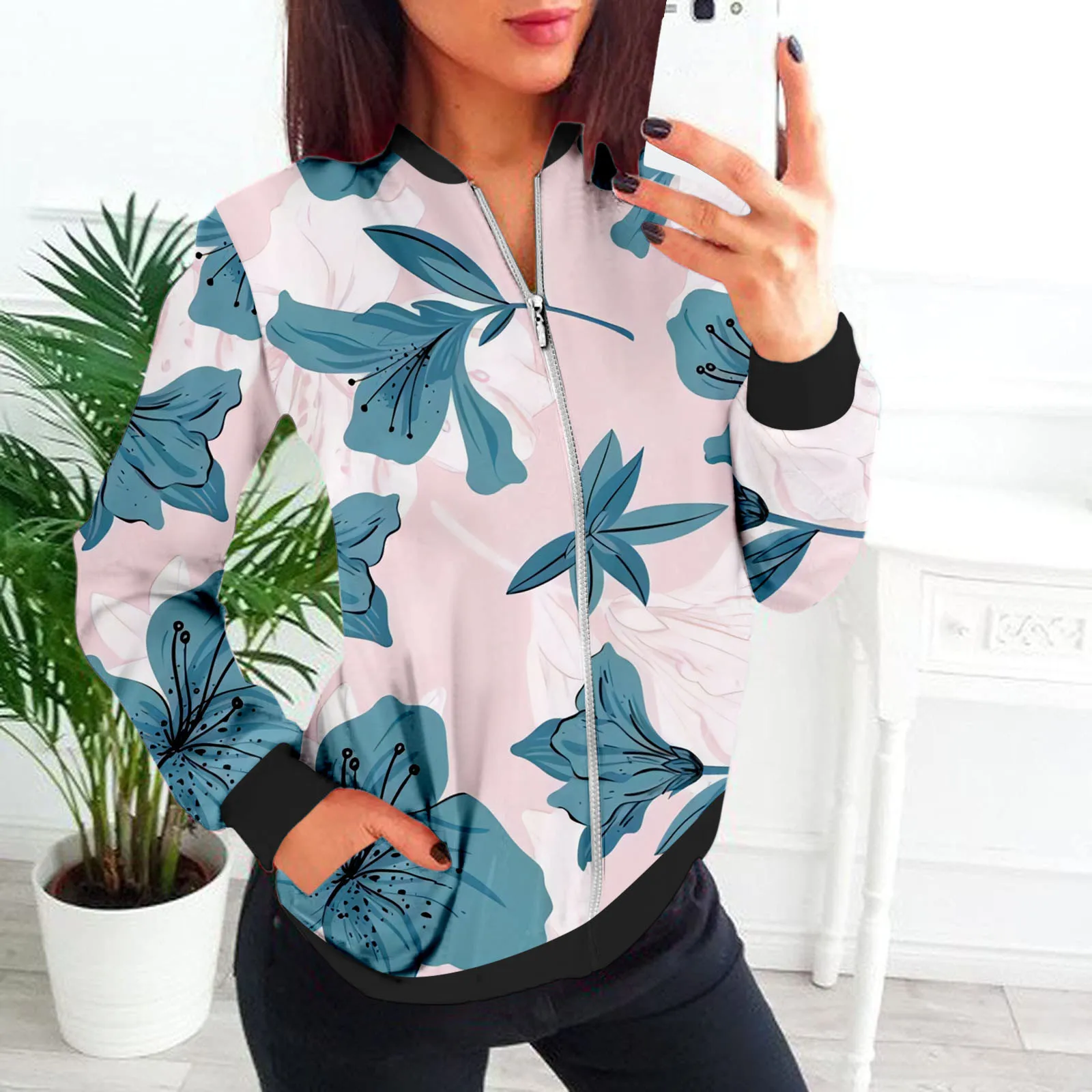 

Womens Casual Daily Jackets Lightweight Zip Up Casual Jacket Floral Print Coat Stand Collar Short Sports Outwear Zipper Tops