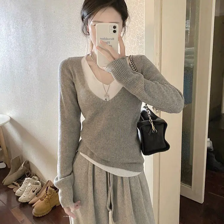 Women Knitted V Neck Long Sleeve Slim Sweater