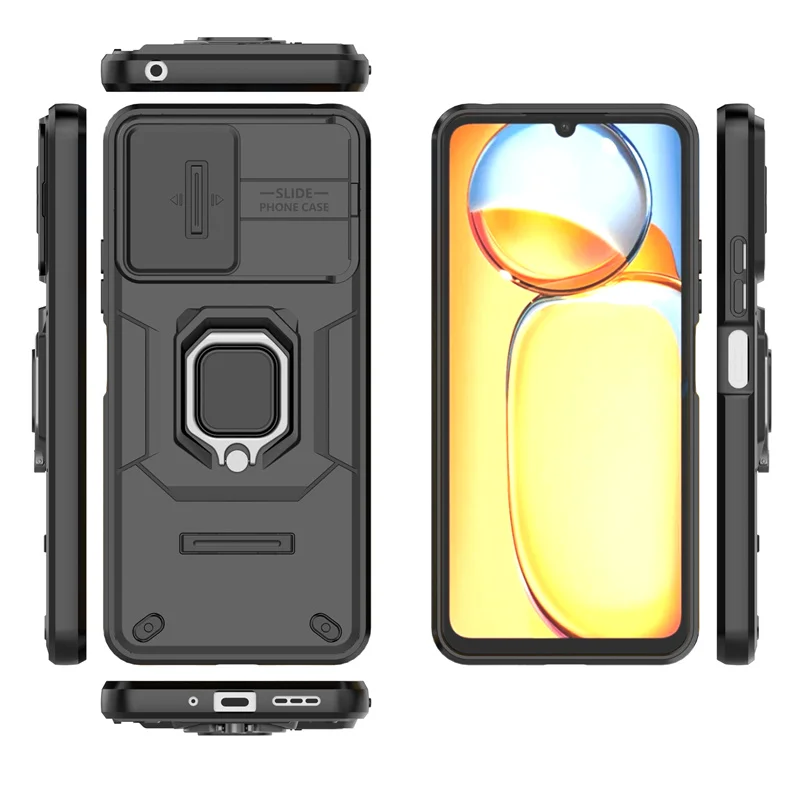 Enhanced Protective Armor Phone Case with Car Magnetic Ring Holder and Lens Protector - Red