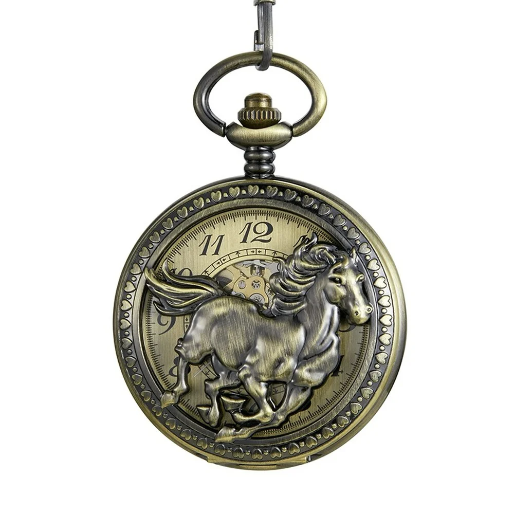 Retro Mechanical Pocket Wristwatch Steampunk Skeleton Hand-Wind Watch Wolf Hollow Mechanical Pocket Watch Deer Horse Fob Chain