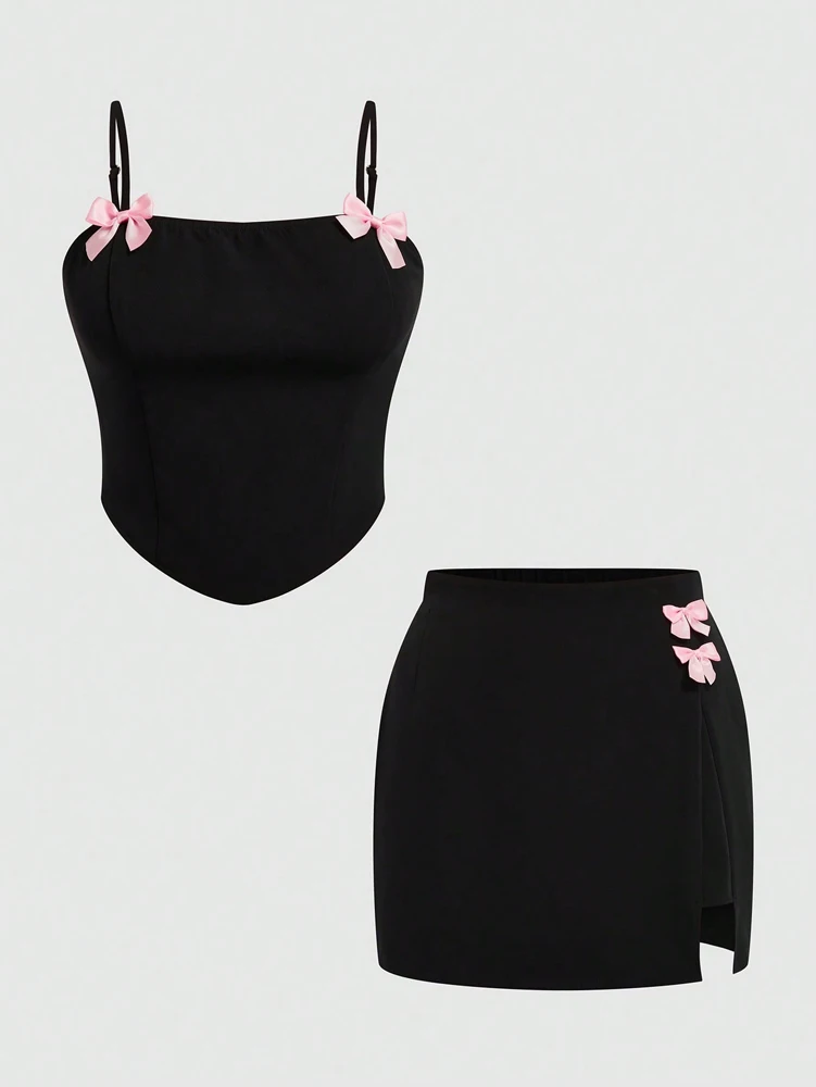 Plus Size 2025 Summer New Women's Spring and Summer Sexy Suspenders Top Bowknot Slit Half Skirt Romantic Girl Two Piece Set