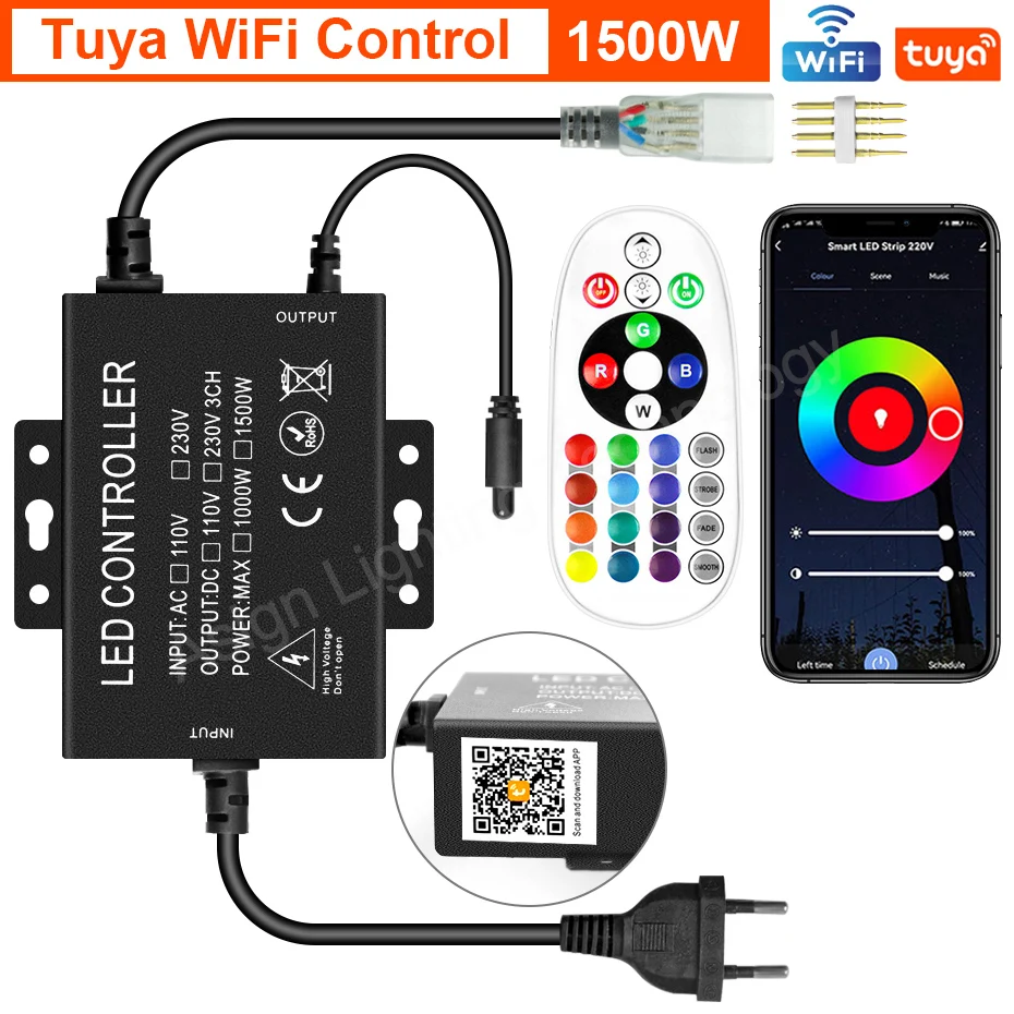 220V LED Strip Controller RGB 4 Pin Neon Strip Remote Bluetooth Tuya WiFi APP For 5050 RGB Strip Color Changeable 750W 1500W