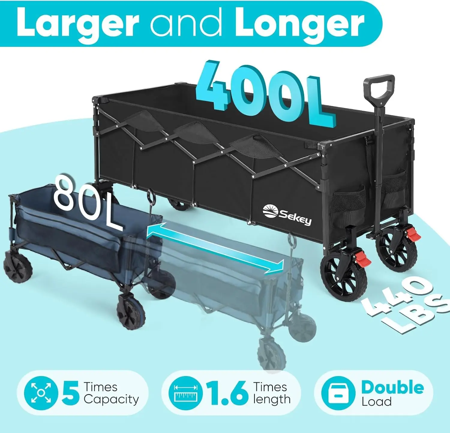 Sekey 43" Extended Collapsible Wagon 400L Large Capacity 440LBS Heavy Duty Folding Utility Garden Cart with All-Terrain Wheels