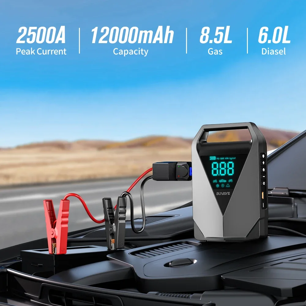 BUVAYE Car Jump Starter Air Pump 150PSI Air Compressor Tire Pump 3000A Car Booster Starting Device 12000mAh Battery Booster Pack