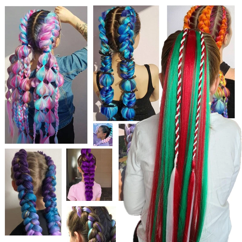 Synthetic Straight Hair Extensions Wig for Braiding Colored Jumbo Braids with Tinsel Hair for Women Kids Christmas&Party Use