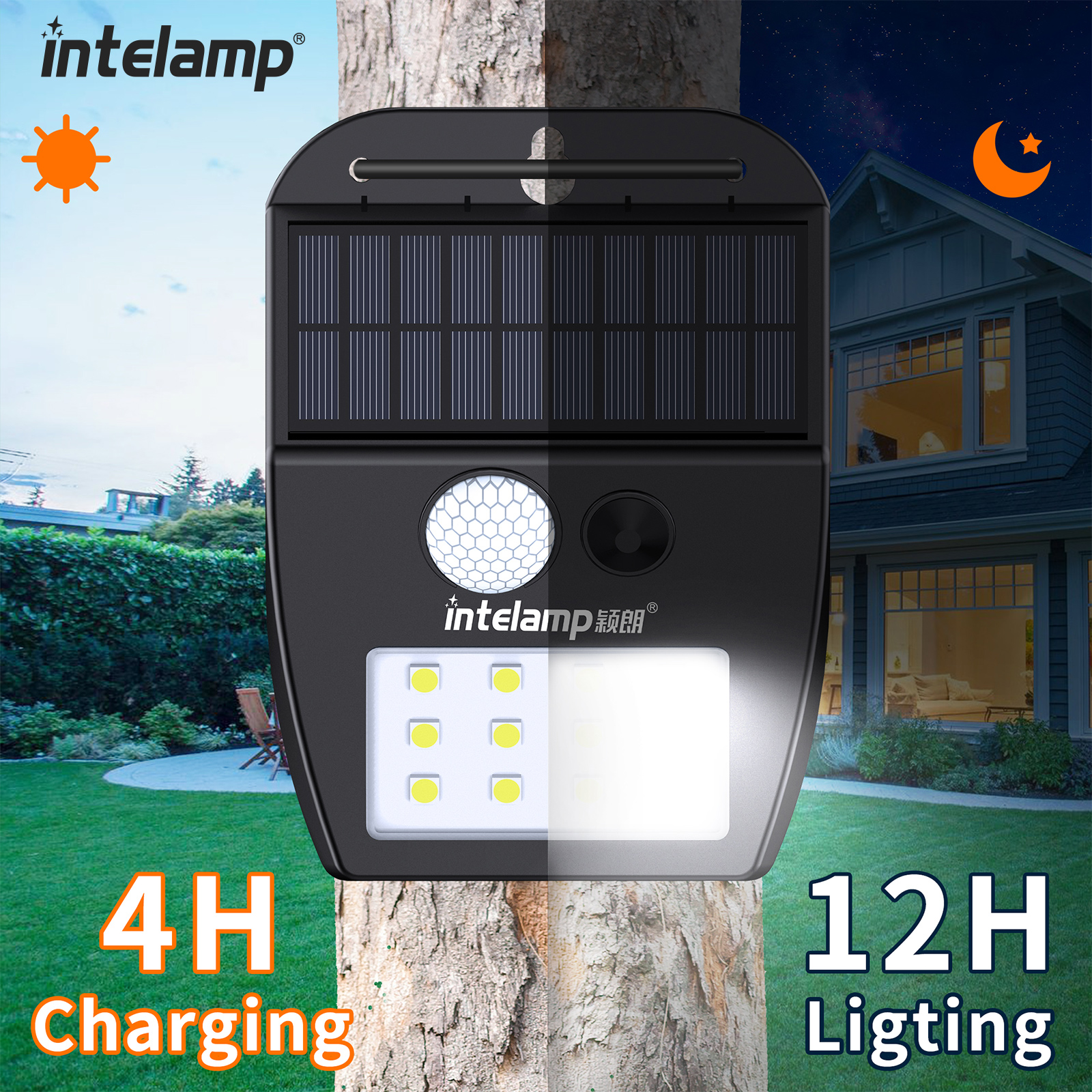 intelamp Single Head Solar Powered Auto Sensing Outdoor Garden Decorative Wall Light, Silicone Button Cover, LED, Clear Shade