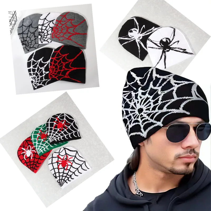

Goth Knitting Spider Web Design Hat for Men Women Pullover Pile Cap Warm Beanie Hats Hip-hop Street Cap Halloween Accessories
