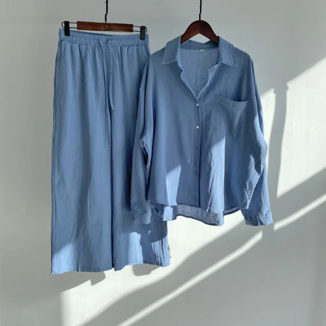 Conjuntos de 2 piezas para mujer 2026, camisa retro de color liso de algodón y lino + pantalones holgados de cintura alta, conjuntos de ropa para mujer 3