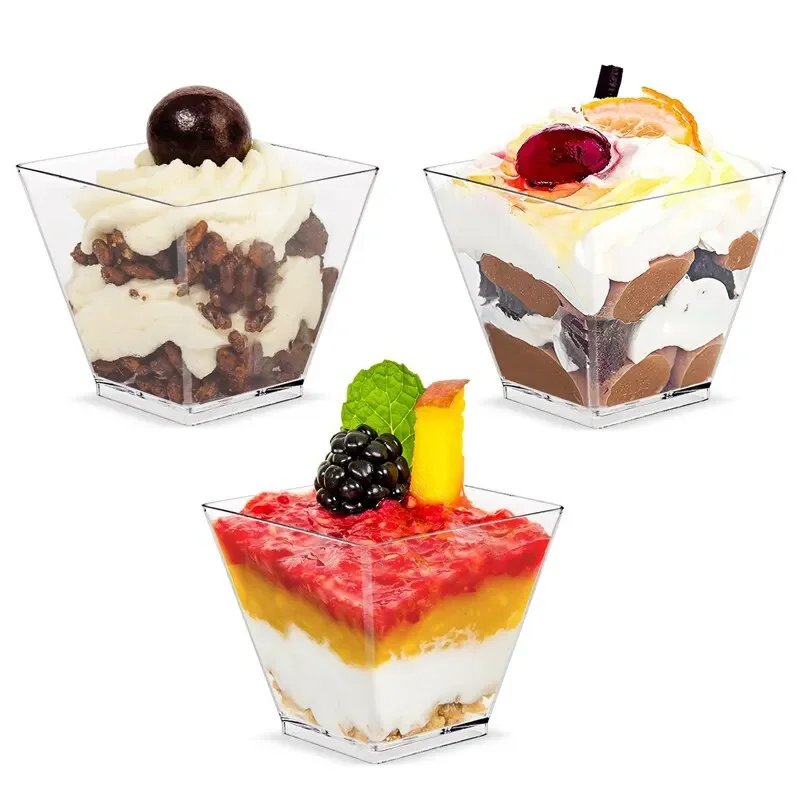 20 X 2oz Square Mini Plastic Cups With Spoons Clear Parfait Appetizer Cup for Tasting Party Desserts Appetizers