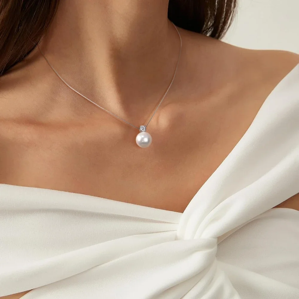 Trumium 10/12mm 925 Sterling Silver Pearl Pendant Necklace for Women Dainty CZ Chain Cultured Pearls Choker Necklaces Jewelry 5