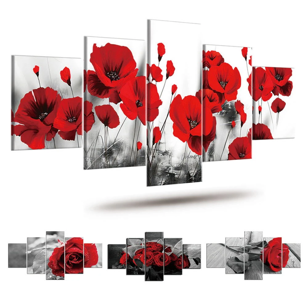 5PC Red Poppy Flower Floral Canvas Print Art Painting Picture Wall Hanging Decor
